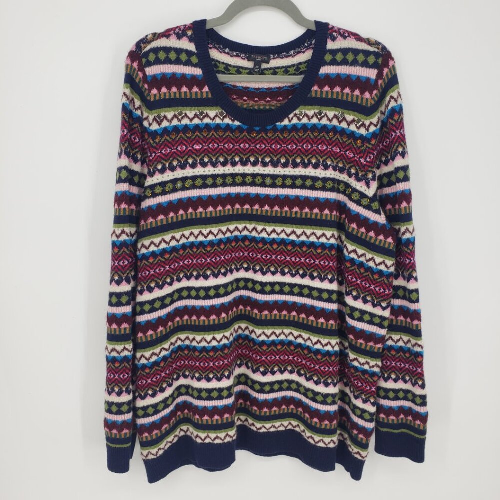 Talbots Embellished Rhinestone Fair Isle Pullover Sweater 2X Wool Blend Crew‎
